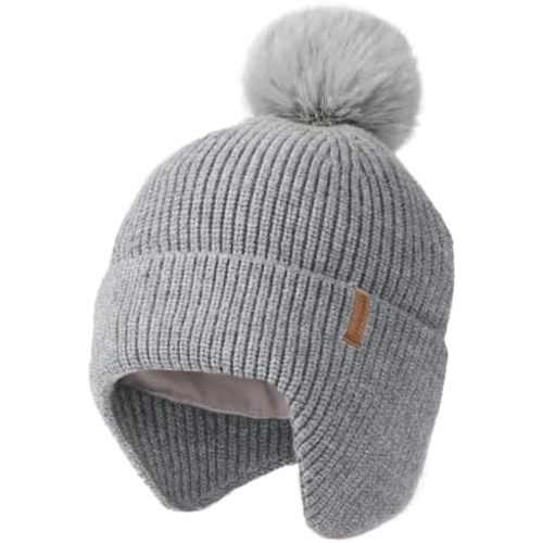 Toddler Baby Winter Hat Warm Fleece Lined Knit Kids Hat with Earflap Infant Newborn Pom Pom Beanie Knit Cap Girls Boys
