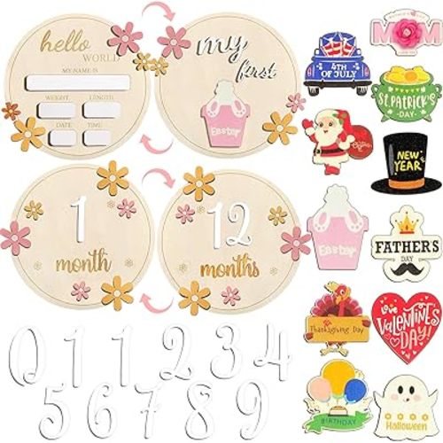 Yerliker 24 Pcs Baby Monthly Milestone Cards 3D Wooden My First Holiday Milestone Signs Fathers Day 4th of July Announcement Sign Wood Discs Festive Decor Photography Prop DIY Gift for Newborn