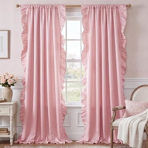 Pink Ruffle Curtains 52x84 Long 2 Panels for Girls Room