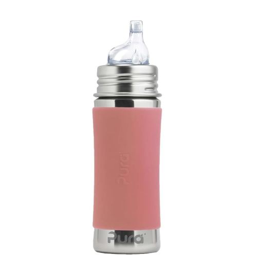 Pura Kiki 11oz/325ml Stainless Steel Sippy Cup Bottle w/Sleeve, Plastic-Free, MadeSafe Certified, Medical-Grade XL Silicone Sipper Spout Fast Flow for Kids, Toddlers, Babies & Infant - Rose Sleeve