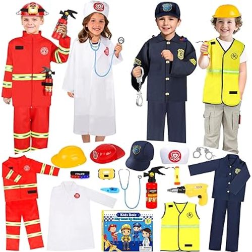 Toddler Dress Up Clothes, Kids Role Play Costumes 4 In 1 Set-Police Doctor Fireman Engineer for Boys Girls Aged 3-8, Career Dress Up Pretend Play Toys, Birthday Halloween Christmas Gifts