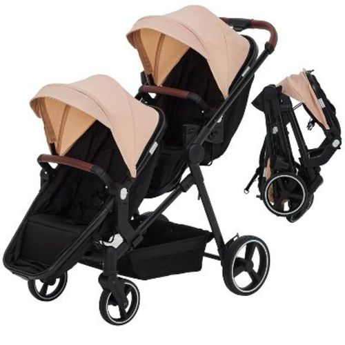 Tandem Double Stroller Newborn and Toddler, Foldable Twin Stroller with Reversible Seat, 5-Point Safety Harness, Adjustable Backrest & Canopy