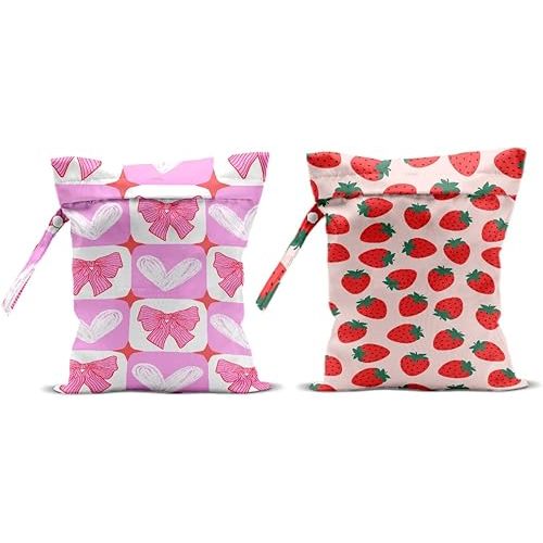2Pcs Wet Bags, Wet Dry Bag Reusable for Swimsuit, Travel, Diapers, Beach, Dirty Yoga Gym Clothes, Toiletries, Makeup Bag, Waterproof Pink Bow Strawberry Print Birthday Christmas Gifts