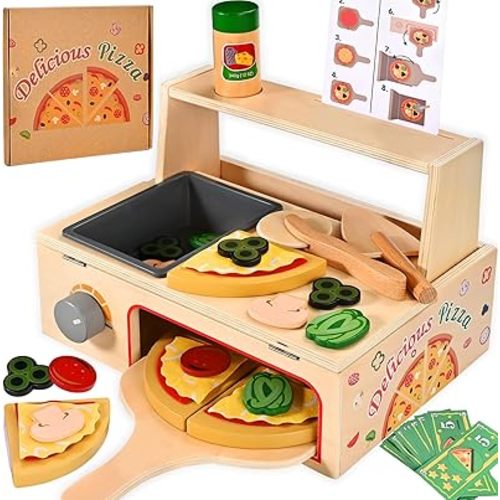 Wooderma 50 PCS Wooden Pizza Toy, Montessori Pretend Play Toys, Wooden Pizza Counter Playset with Bake Oven, Play Food and Accessories, Cooking Pretend Play Toys for Boys Girls Age 3+