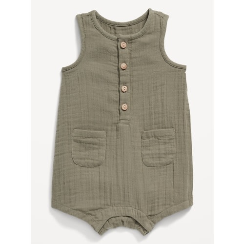 Unisex Printed Sleeveless Henley Romper for Baby