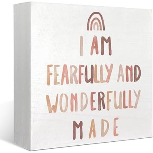 Boho Neutral Baby Nursery Decor - Inspirational Bible Verse Rainbow Wood Box Sign, Toddler Room Desk Decor, Christian 5x5 Burlywood