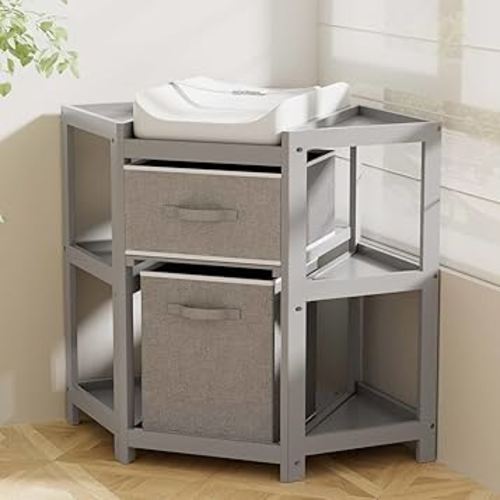 YUFU Baby Corner Changing Table with Storage Drawers, Portable Diaper Changing Station with Baby Changing Pad, Modern Wood Changing Table Dresser for Infants and Toddlers (Gray)