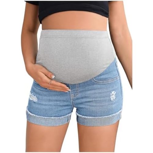 BEAUDRM Women's Maternity Adjustable High Waist Ripped Roll Up Hem Denim Mini Shorts with Pocket