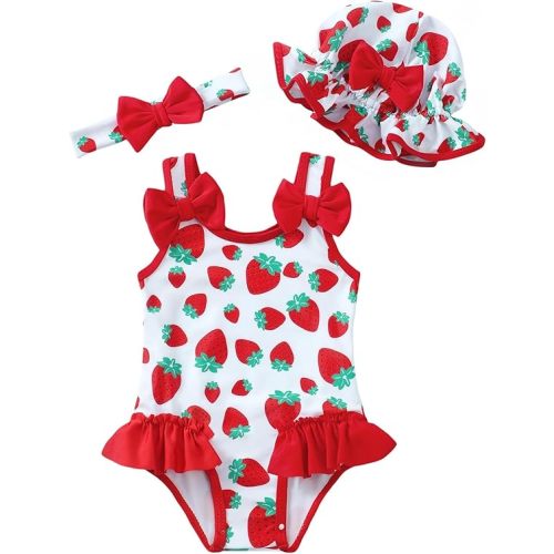 Baby Girl Swimsuit Infant One-Piece Bathing Suit Cute Summer Beach Tankini Bikini Ruffle Bow Toddler Swimwear with Hat