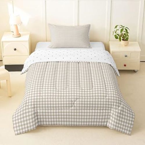 Geometric Plaid Patchwork Toddler Size Bedding Set with 1 Pillowcase - Buffalo Grid Checkerboard Bedding Set for Kids Boys Girls Bedroom,Modern Simple Trendy 2 Pieces Duvet Insert,Beige White