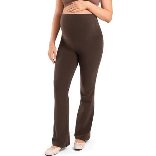 MOMANDA Cotton Maternity Foldover Pants Cozy Lounge Pregnancy Casual Flared Pants Over The Belly High Waisted