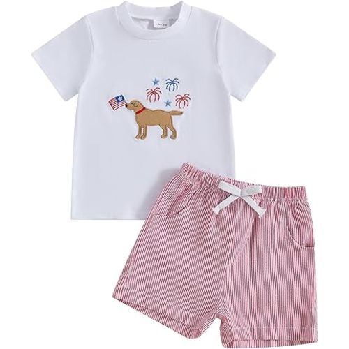 Toddler Baby Boy Summer Outfits Animal Embroidered Short Sleeve T Shirt Stripe/Plaid Shorts Set Infant Clothes