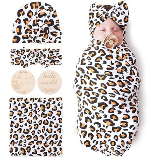 DRESHOW BQUBO Baby Girl Newborn Receiving Blanket with Bow Hat Headband Wooden Birth Announcement Card Set Baby Leopard Nursery Swaddle Wrap