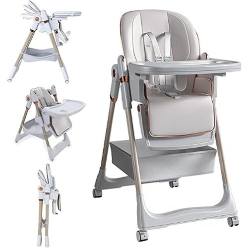 3-in-1 Foldable High Chair for Babies & Toddlers, Adjustable Height, Reclining Seat, Wheels with Safety Locks, Removable Tray, Space-Saving Multifunctional Baby Dining Chair (White)