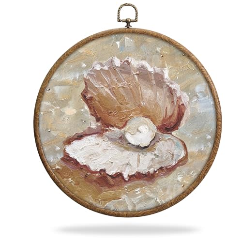 Vintage Seashell Pearl Coastal Round Frames for Art, Waterproof Beach Coastal Boho Wall Hanging, Antique Seashell Pearl Decorations with Hook, for Home Bathroom Living Room Bedroom, 14