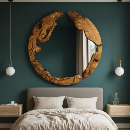 Live Edge Decorative Mirror, Handmade Wood Mirror, Unique Wood Mirror, Olive Wood Round Wall Mirror, Organic Designer Art, Halloween Gift
