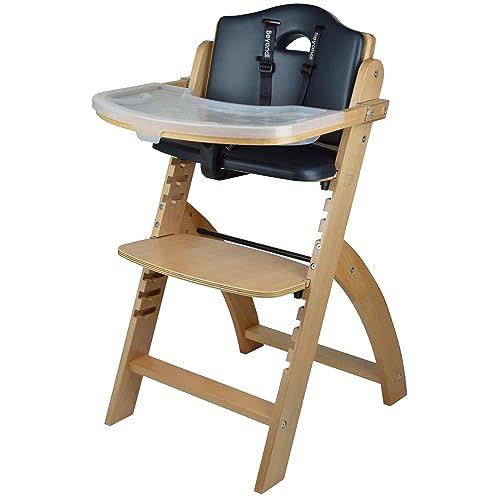 Abiie Beyond Junior Convertible Wooden High Chairs for Babies & Toddlers. 3-in-1 Adjustable High Chair with Removable Tray, Easy to Clean, Portable. 6 Months up to 250 Lb. Natural Wood/Black Cushion