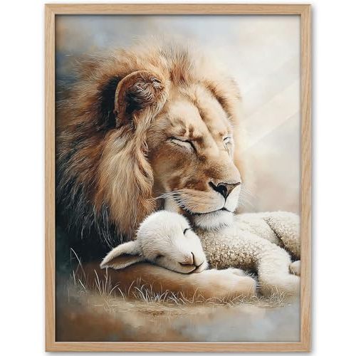 KensTro 12x16 Oak Framed Lion and Lamb Christian Wall Art | Natural Oak Wood Frame with Peaceful Lion and Lamb Design, Faith-Inspired Decor for Living Room, Bedroom or Prayer Space