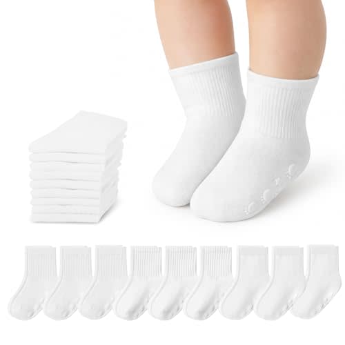 9 Pairs Baby Toddler Socks Crew Sock Ruffle Dress Non Slip Grip Cute Cotton for Infant Newborn Boys Girls White
