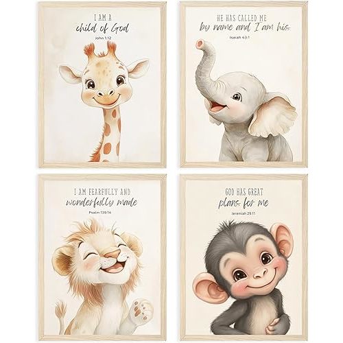 4 Pcs Nursery Christian Animal Posters Wall Art Fun Wild Animal Bible Verse Wall Decor Cute Christian Canvas Pictures Child Painting Print Artwork for BabyBedroom Playroom 8x10 in Poster