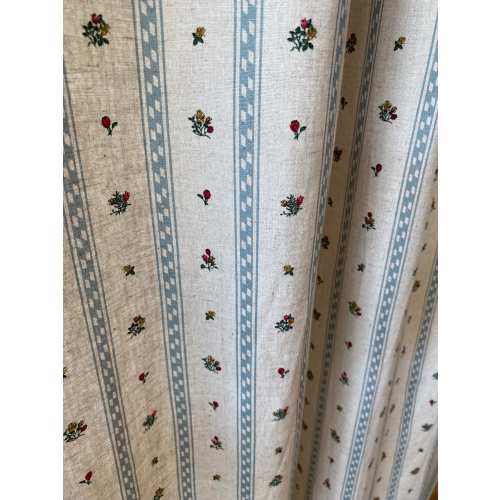 Linen Floral Stripe Curtains Blue Striped Modern Vintage Vibe Natural Shabby Chic Linen Drapes Bedroom Kids Room Window Panels Set of 2