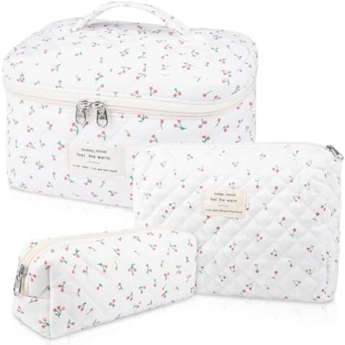 Gosect Large Makeup Bag Set, Quilted Makeup Bag, Floral Cosmetic Bag for Women, Cute Cotton Makeup Bags, Flower Travel Toiletry Organizer Bag (white)