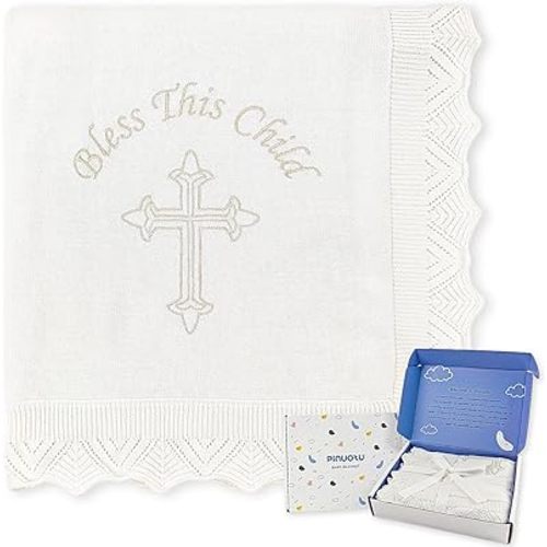 Baby Baptism Blanket – White Cotton Knit Christening Shawl with Embroidered Cross, Unisex Receiving Swaddle for Boys & Girls, 40x31 Inches, Soft Newborn Gift with Premium Gift Box