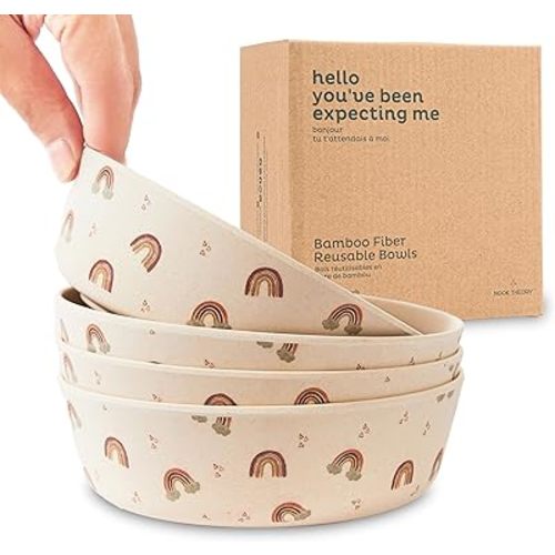 Nook Theory 4 Pack Bamboo Bowls - Alternative to Plastic Bowl, 18 Oz Reusable, Shatterproof Dinnerbowl, Dishwasher Safe - Not Microwavable Bamboo Dishes (Rainbow)