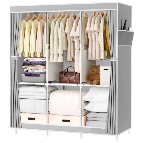 Portable Closet Organizer and Storage with 3 Hanging Rods for Hanging Clothes, 6 Wardrobe Closet Storage Shelves for Bedroom, Easy to Assemble, Grey