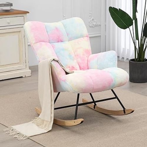 Rocking Chair Nursery Teddy, Upholstered Baby Fluffy Glider Rocker for Adults Indoor, Comfy Sherpa Compact Nursing Chairs for Small Spaces, Living Room, Classroom, Bedroom, Colorful