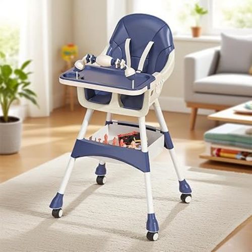 Portable Baby High Chair for Babies & Toddlers, Easy-Clean Multi-Use Feeding Chair with Lockable Wheels & Toy Storage Basket-Blue