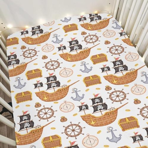 Pirate Baby Crib Sheets for Boy Girl 28"x52" Pirate Ships Sea Ocean Maps Compass Anchors Skull Treasure Soft Snug Fitted Crib Mattress Cover Marine Adventure Baby Sheet for Crib & Toddler Mattress