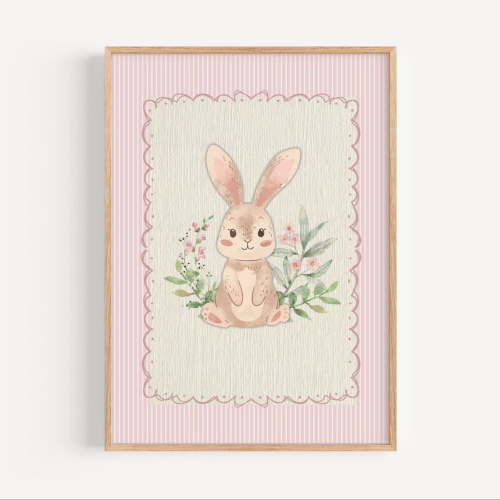 Vintage Pink Bunny Wall Art Print, Cottagecore Woodland Rabbit Illustration And Baby Girl Nursery Decor
