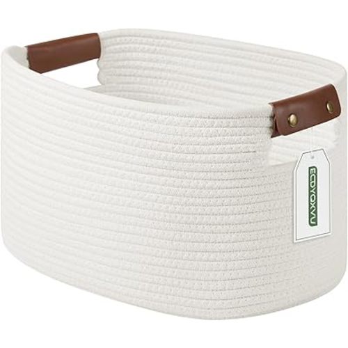 ECDYQXVU 15x10x9 Woven Cotton Rope Storage Basket, Leather Handles 1 Pack