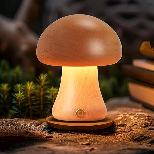 Creative Wood Mushroom Table Lamp, Portable Cordless Small Lamp, Rechargeable Battery Operated Lamp,Stepless Dimming, Night Light for Birthday Gifts, Creative Home Decor Unique House Gift