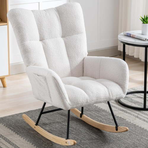 Rocking Chair Nursery, Teddy Upholstered Glider Rocker with High Backrest, Reading Chair Modern Rocking Accent Chairs Glider Recliner for Living Room, Nursery, Bedroom,White