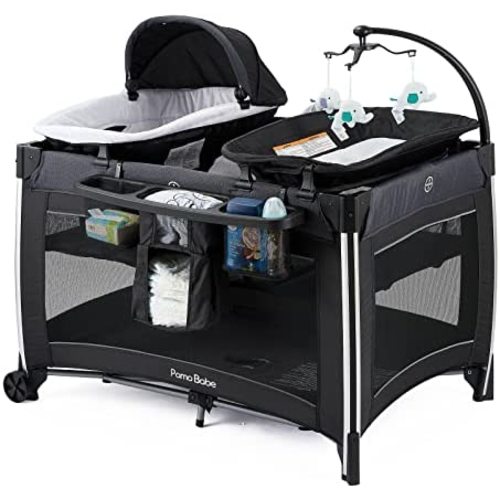 Pamo Babe 4 in 1 Portable Nursery Center, Comfortable Playard with Bassinet, Storage Basket, Large Capacity Changing Table, Features Baby Stuff for Newborn (Black)
