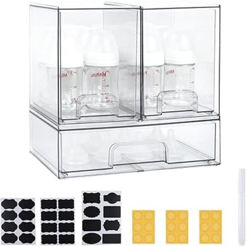 OTraki Baby Bottle Organizer, 3 Pack Stackable Storage Drawers with Labels, Clear Stackable Storage Drawers Acrylic Bottles Station for Pacifiers, Pump Parts, Desk Organizer Bins for Countertop