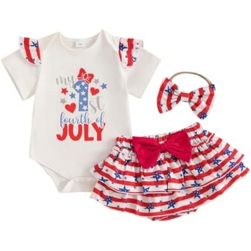 4th of July Baby Girls Clothes Letters Print Romper Stars Striped Shorts Dress Sets My First 4th of July Outfits