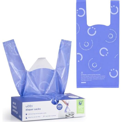 Ubbi Disposable Baby Diaper Sacks, Lavender Scented, 200 Count | Easy-To-Tie Tabs, Made from 50% Recycled Material, Disposable On-The-Go Bags, Diaper Bag and Travel Essential
