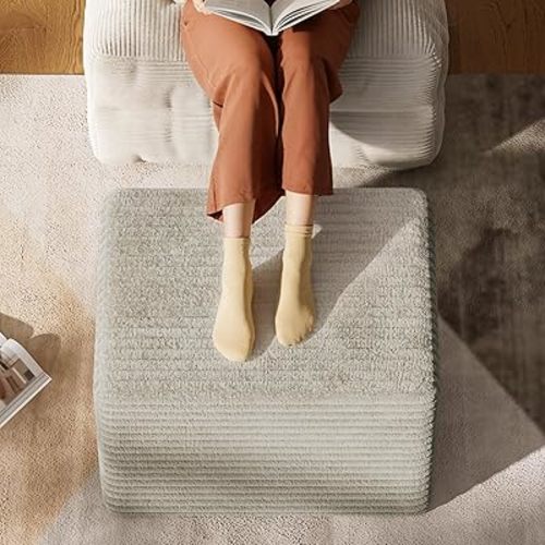 WLIVE Pouf Ottoman Foot Rest, Square Bean Bag Ottoman Coffee Table for Living Room, Beige