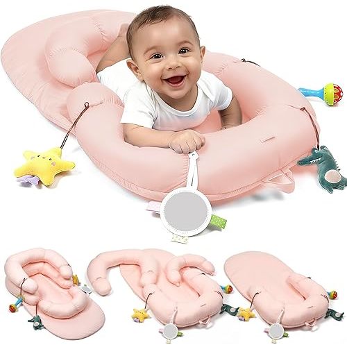 2-in-1 Tummy Time Mat & Seated Support Cushion for Newborns and Older Babies - Baby Tummy Time Support Cushion with Detachable Cushion and Toys