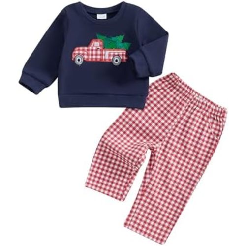 SAYOO Christmas Outfit Toddler Boys Girls Firetruck/Santa Embroidered Sweatshirt Pullover Plaid Gingham Pants Fall Clothes
