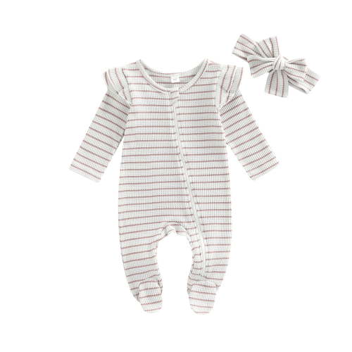 Bellafa Newborn Girl Ribbed One-Piece Long Sleeve Footies Romper Jumpsuit Zipper Pjs Baby Girls' Sleep and Play Pajamas with Bowknot Headband