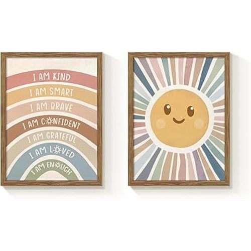 2 Piece Framed Boho Rainbow Kids Room Wall Art 12x16 Inch