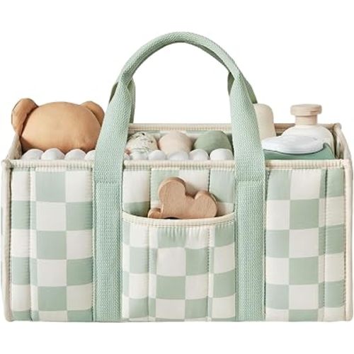 Quilted Fabric Storage Basket Floral Baby Diaper Caddy Quilted Basket for Nursery Bedroom Car Storage (L- Green Plaid)