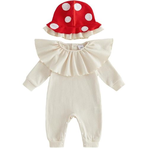 Pudcoco Infant Baby Girls Halloween Outfit Mushroom Romper Toadstool Long Sleeve Waffle Knit Ruffle Jumpsuit with Hat