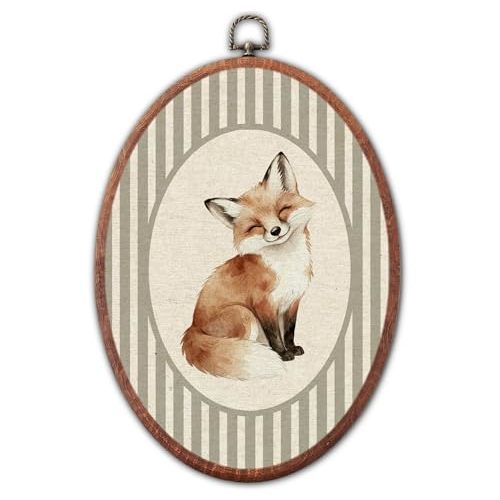 Lulavo Vintage Fox Nursery Oval Wall Art, Grey Striped Canvas Prints Framed, Retro Woodland Animal Decor for Baby Toddler Room Playroom Bedroom Hanging Decoration, 8.6 x 11.4 Inch