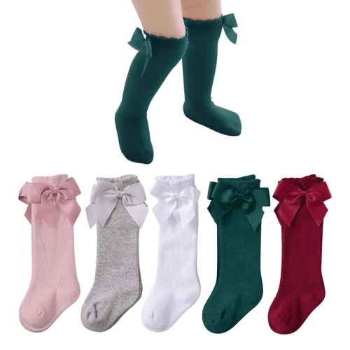 Zando 5 Pairs Newborn Socks with Bow Cotton Baby Girl Knee High Socks Ruffled Toddler Girl Socks 6-18 Months