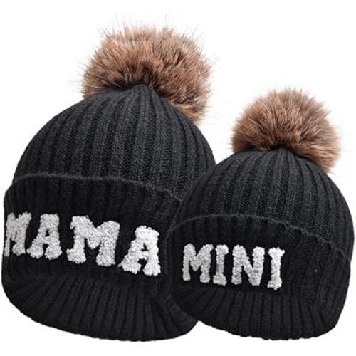 2PCS Parent-Child Beanie Mama and MINI Embroidery Knitted Hat | Mommy and Me Matching Beanie with Pompom, Gifts for Baby Shower, Christmas, New Year